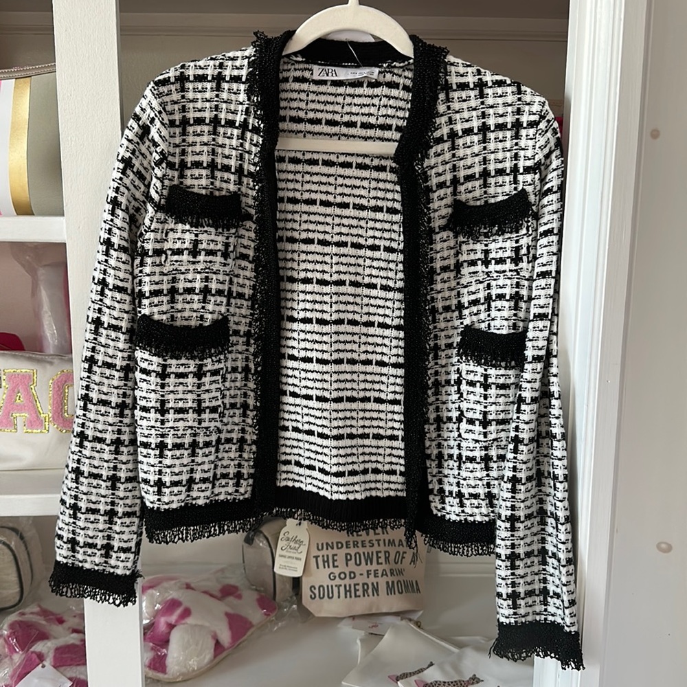 Classic SMALL Zara Black White Tweed Blazer Coat Jacket Beaded Cuffs Hem Pocket
